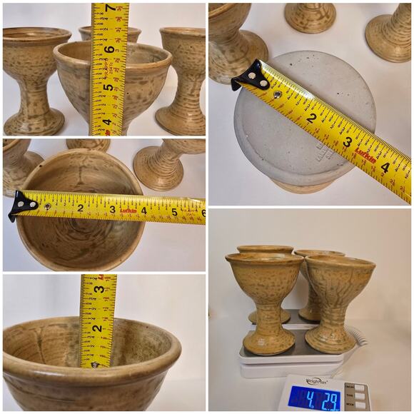 4 Goblets Lakewood Pottery Siler City, NC Vintage Footed Cup Tan Hand Made - Picture 10 of 10